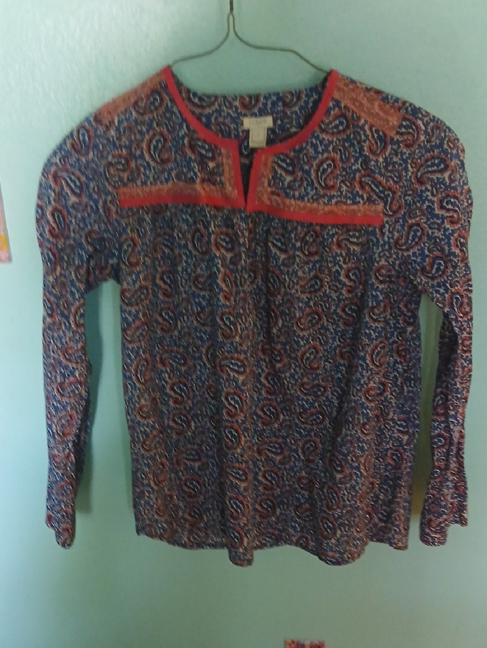 J. Crew Navy and Coral Paisley  Blouse
